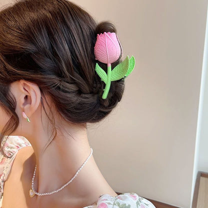 Enamel Pink Tulip Chignon Claw Clip