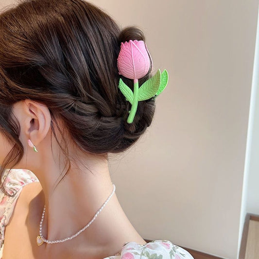 Haarklammer mit Tulpen-Design in Emaille-Rosa