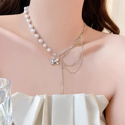 Crystal Butterfly Pearl Necklace