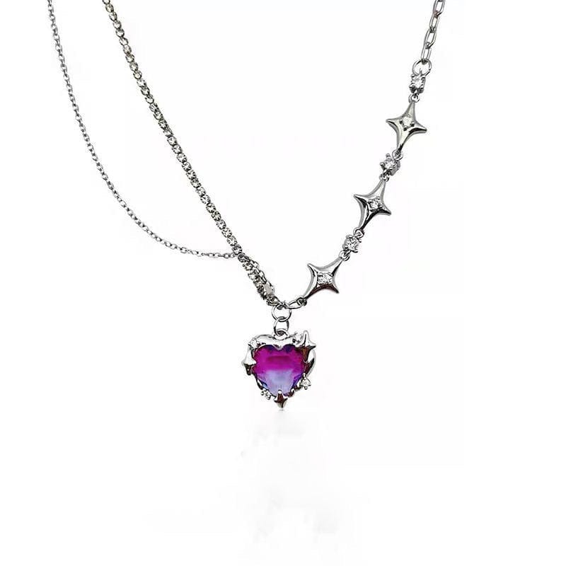 Collier avec pendentif en forme de cœur et d'étoile en cristal violet