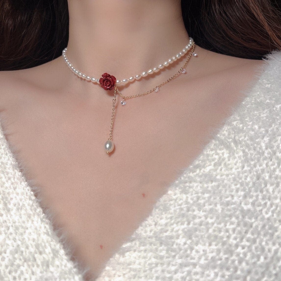 Rose Pearl Chain Choker Necklace