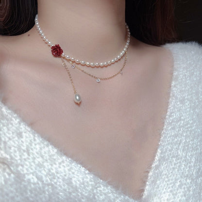 Rose Pearl Chain Choker Necklace