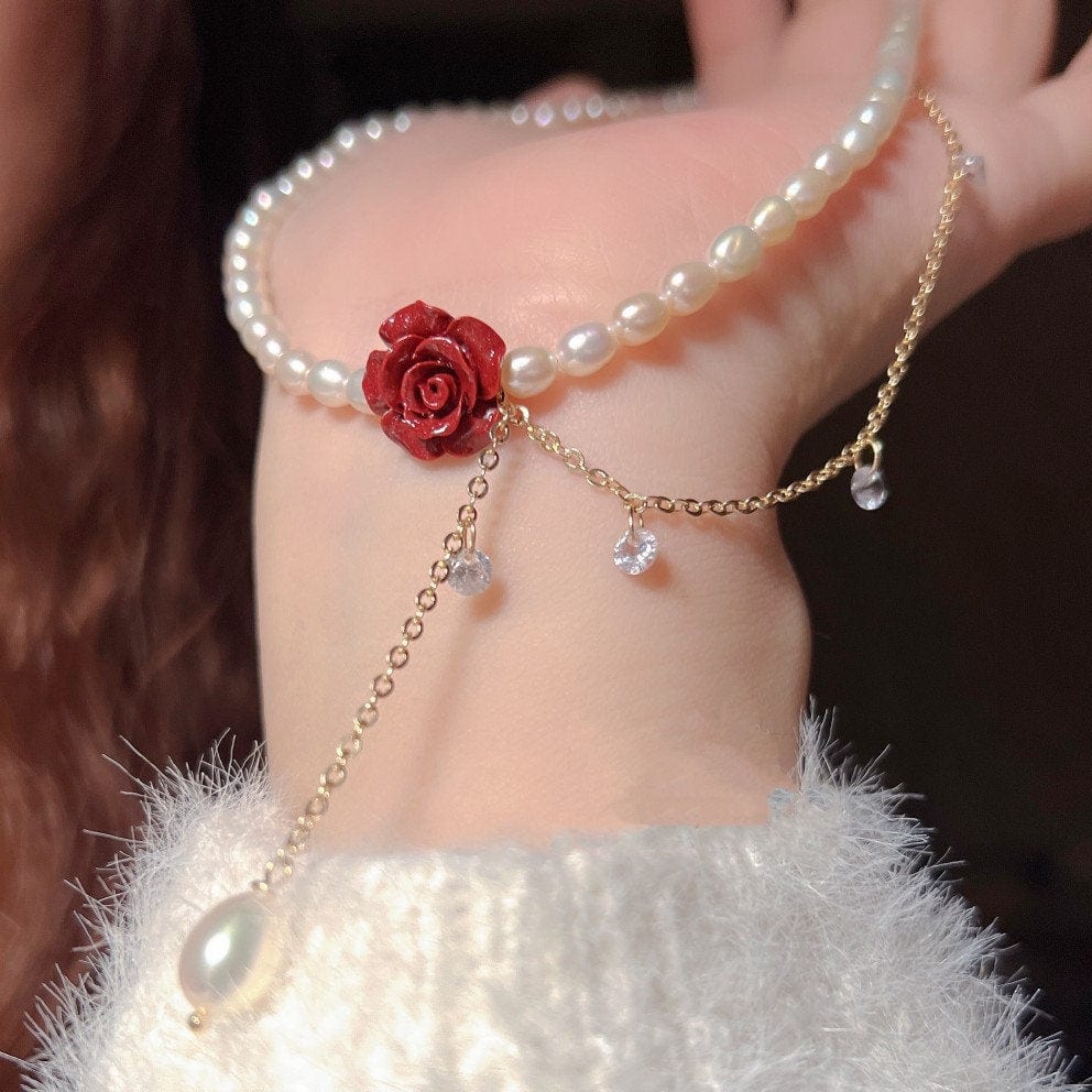 Rose Pearl Chain Choker Necklace