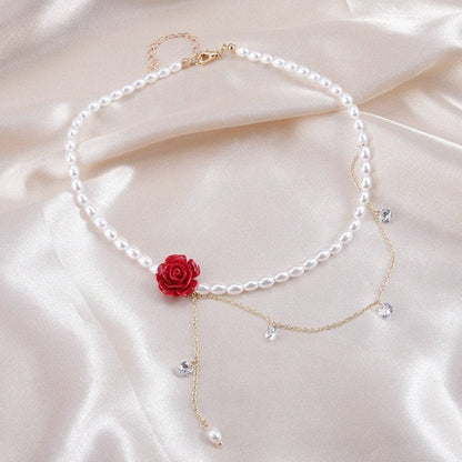 Rose Pearl Chain Choker Necklace