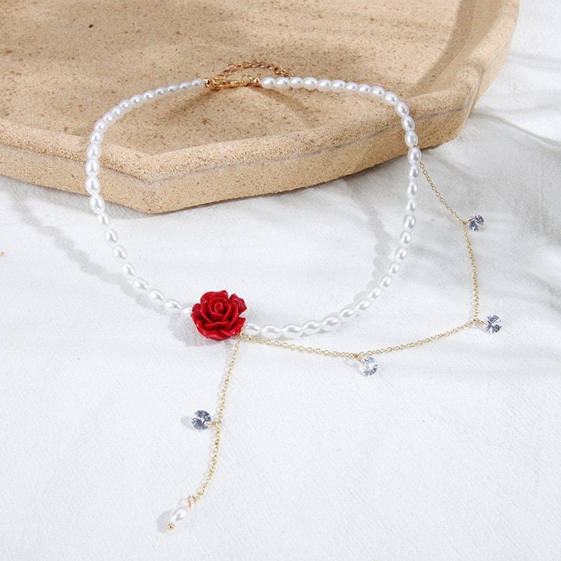 Rose Pearl Chain Choker Necklace