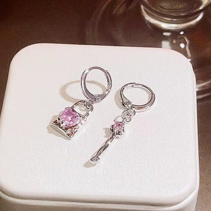 Crystal Heart Dangling Key Lock Earrings