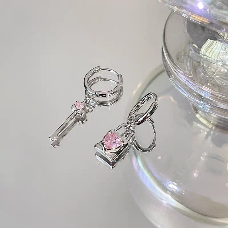 Crystal Heart Dangling Key Lock Earrings