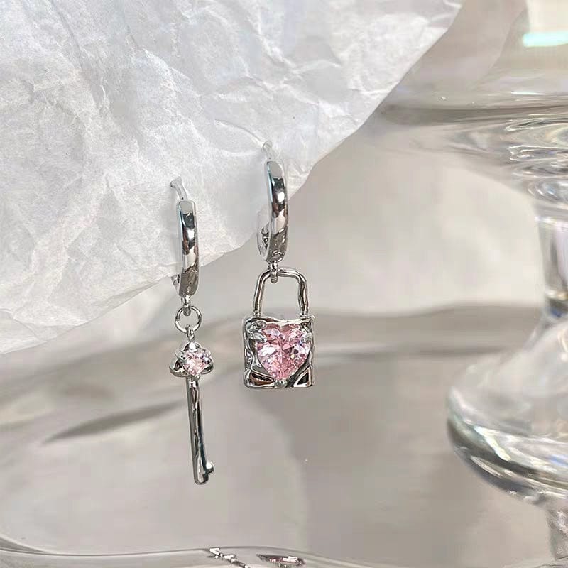 Crystal Heart Dangling Key Lock Earrings