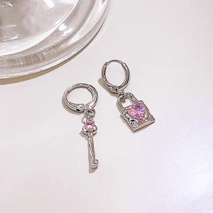 Crystal Heart Dangling Key Lock Earrings