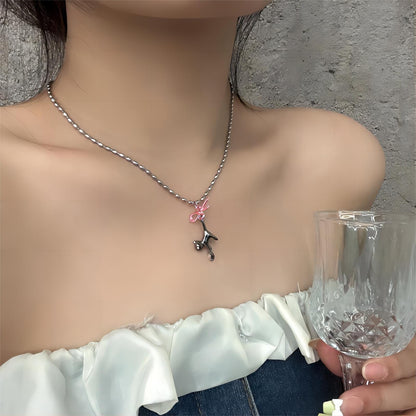 Collier avec pendentif en forme de chat en forme de cœur et ruban GEM003