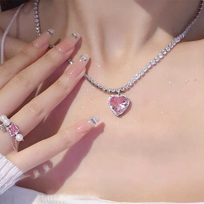 Rhinestone Heart Zirconia Necklace Earrings Set