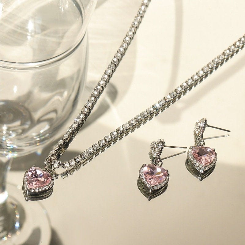 Rhinestone Heart Zirconia Necklace Earrings Set