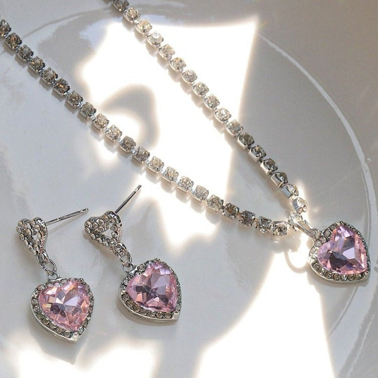 Rhinestone Heart Zirconia Necklace Earrings Set