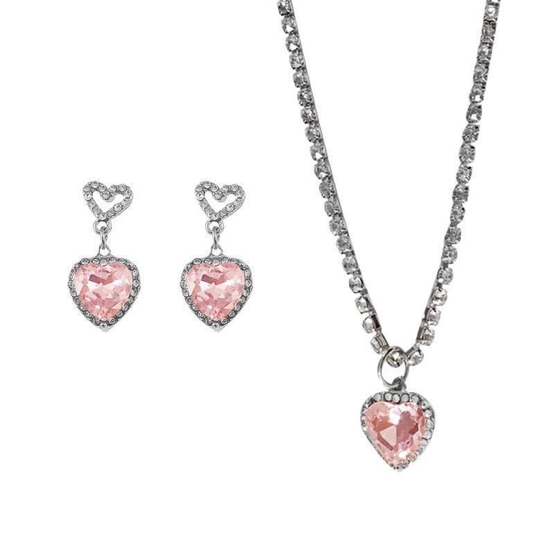 Rhinestone Heart Zirconia Necklace Earrings Set