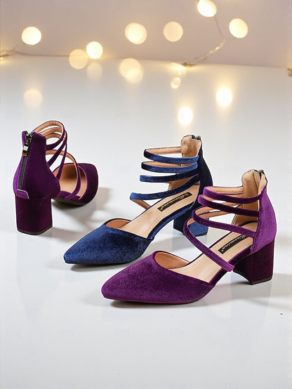 Block Toe Blue Pointed with Women's Pumps Heel Velvet