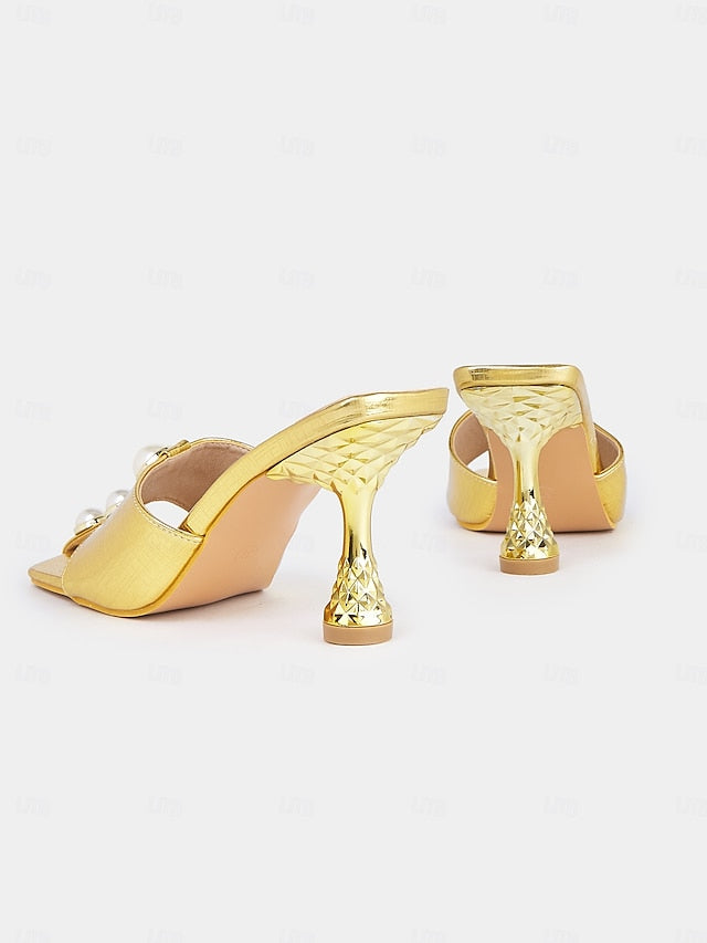 for Women Mules – Elegant with Detailing Pearl Gold Open-Toe
