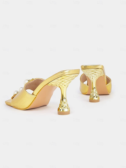 for Women Mules – Elegant with Detailing Pearl Gold Open-Toe