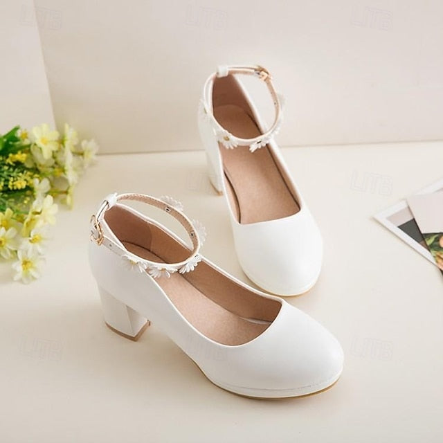 Shoes with Flower Block Ankle White Girls' Daisy Heel