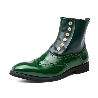 Button Wingtip Green Boots Stylish - Men's Leather Vintage
