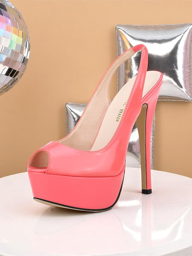 PU Patent Stiletto Women's Platform Orange Heels Leather