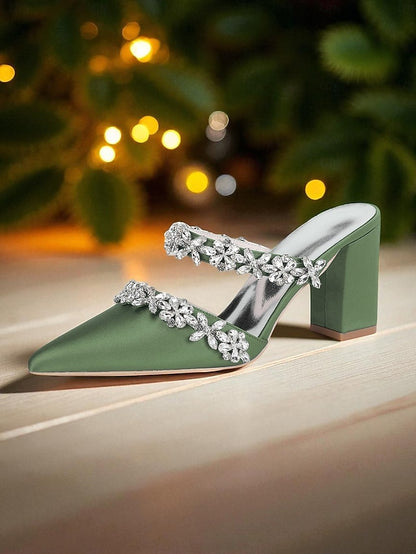 Heel Block Mules with Black Satin Floral Rhinestone Women's