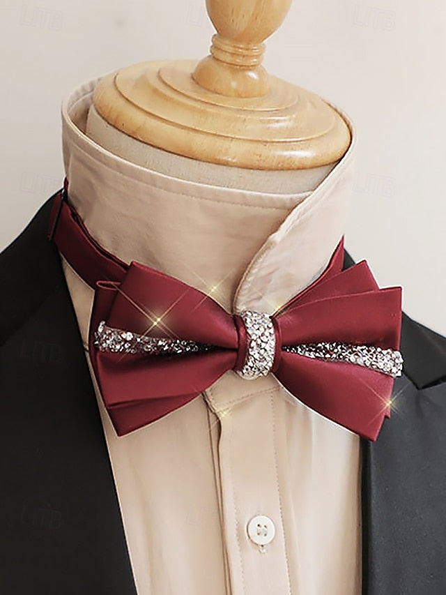 – Crystal Embellishment with Tie Elegant Satin Bow Burgundy