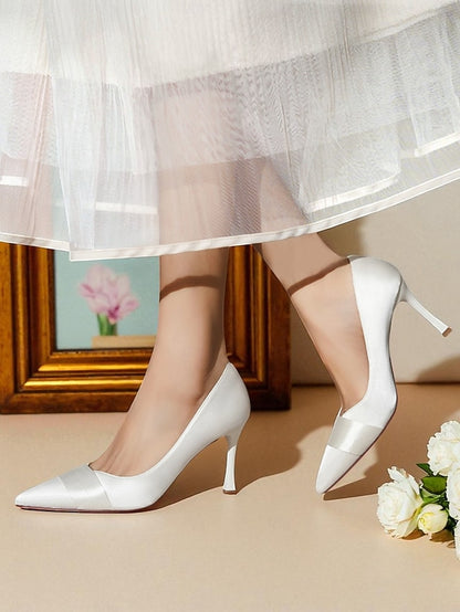 Heel High Pumps - Women's Pointed Toe Champagne Satin