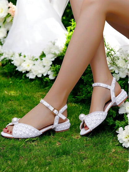 Women's Pearl-Embellished – Heel Low White Sandals