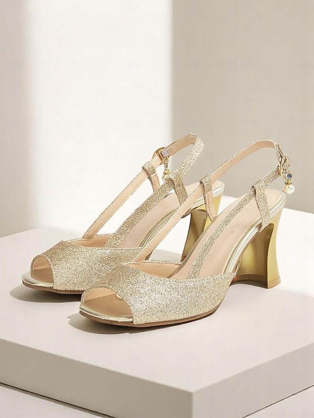 Slingback Gold - Sparkly Glitter Open-Toe Heels Women's