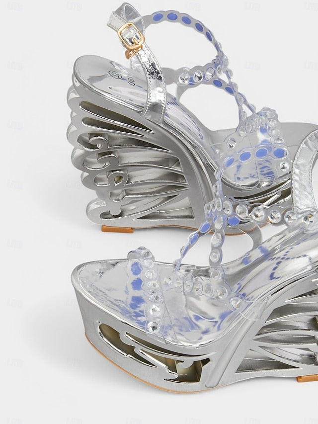 Stiletto – Women Rhinestone Sandals Elegant Silver Dance for