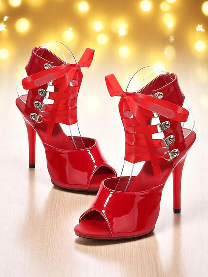 Sexy Stiletto Black Women's Lace-Up Patent Cutout Sandals -