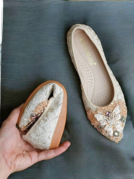 Women's Embroidered Beaded Ballet Flats Foldable with