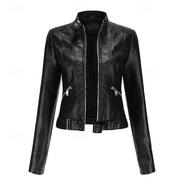 Women's Jacket Zipper Leather Faux Pocket Comfortable