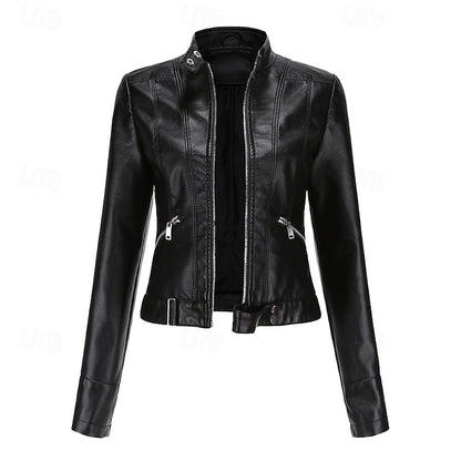 Women's Jacket Zipper Leather Faux Pocket Comfortable