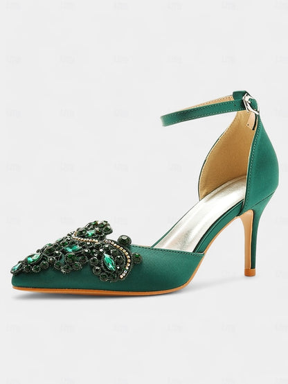 Ankle Satin Pointed – Heels Emerald Green Women's Strap