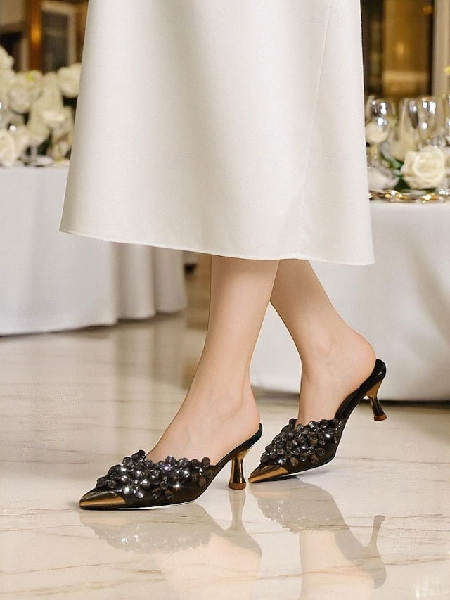 Mules Pointed-Toe Embellished – Black Rhinestone Women's