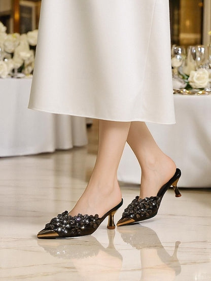 Mules Pointed-Toe Embellished – Black Rhinestone Women's