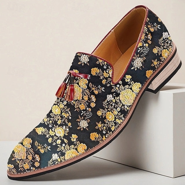 with Jacquard Loafers Floral Pattern Tassels for Men's