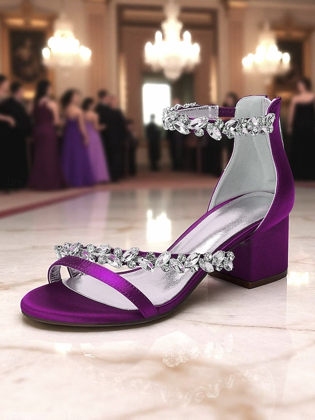 Sandals Crystal - Women's Heel Block Satin Purple