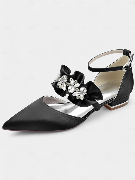 Satin Pointed-Toe with Women's Black Rhinestone Flats