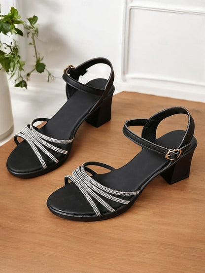 Block with Heel Rhinestones - Sandals Comfortable Strappy Black