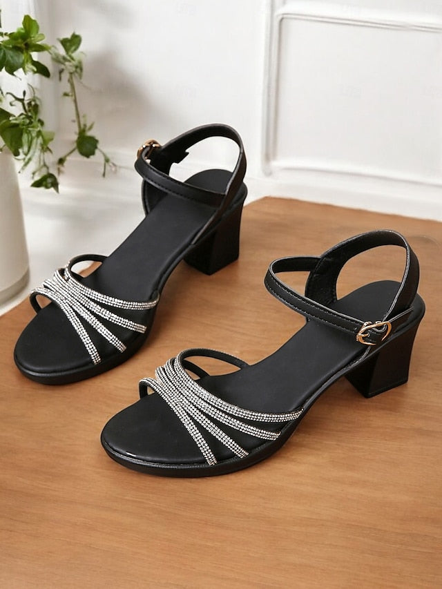 with Rhinestones Sandals Strappy - Black Comfortable Heel Block