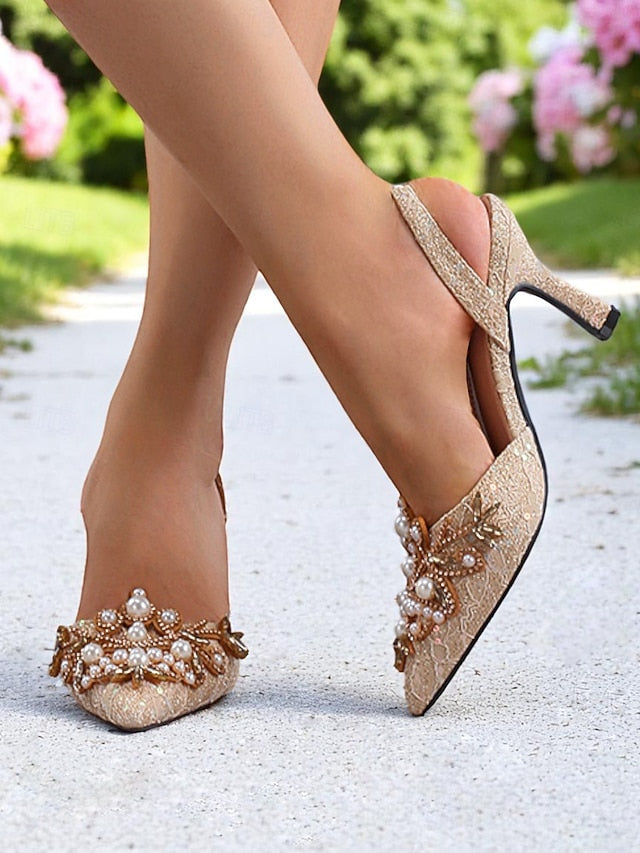 Slingback Satin Detailing Women's Pearl with Black Heels -