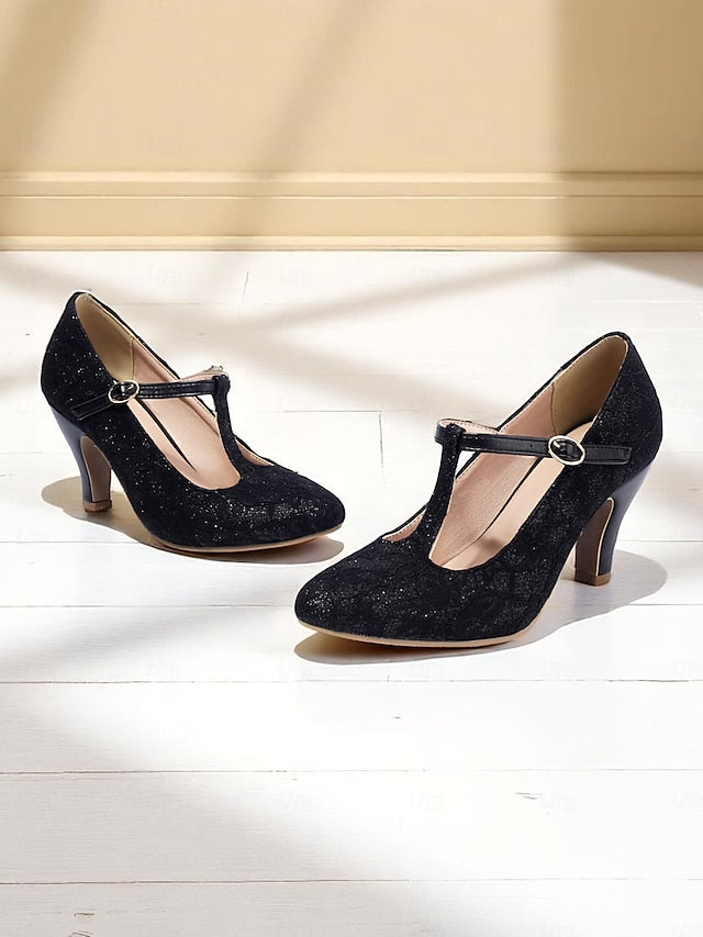 Lace Heel Pumps-1920s T-Strap Mid Ivory Vintage Women's