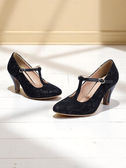 Lace Heel Pumps-1920s T-Strap Mid Ivory Vintage Women's