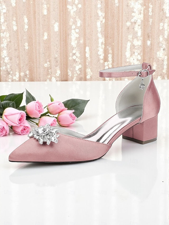 Satin Women's Shoes with Heel Burgundy Block Wedding