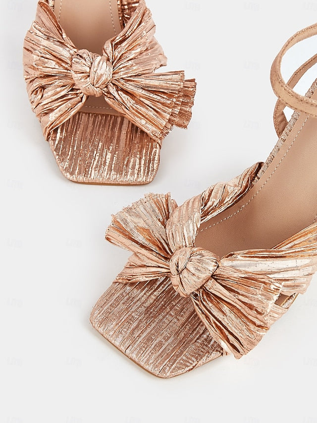 Detail Heel Sandals Gold Knot Rose Textured with Block and