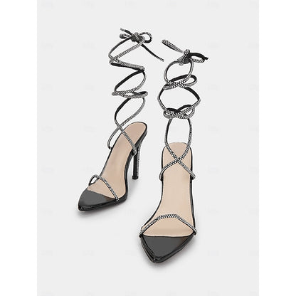 Sandals Rhinestone Black Sexy Women's – Lace-Up Stiletto
