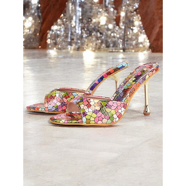 High Colorful – Women Mules Print Mosaic Multicolor Heels for