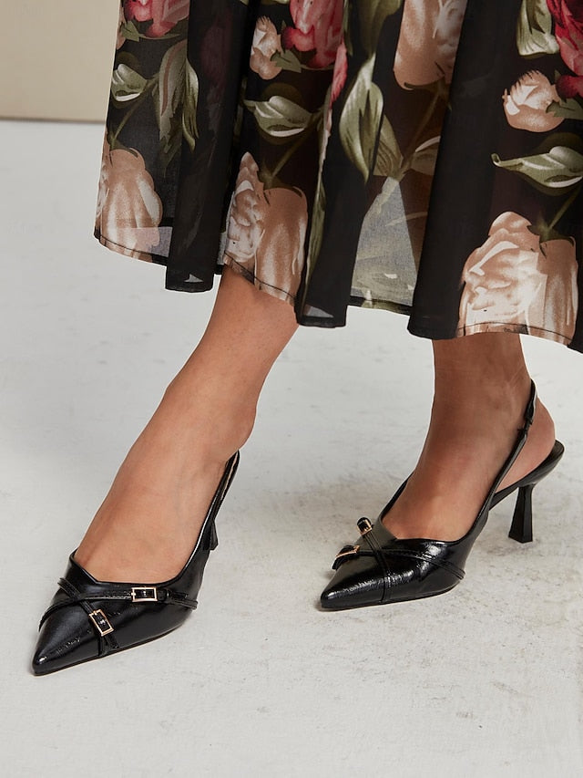 Heels Black with Pointed Women's Elegant Toe Slingback